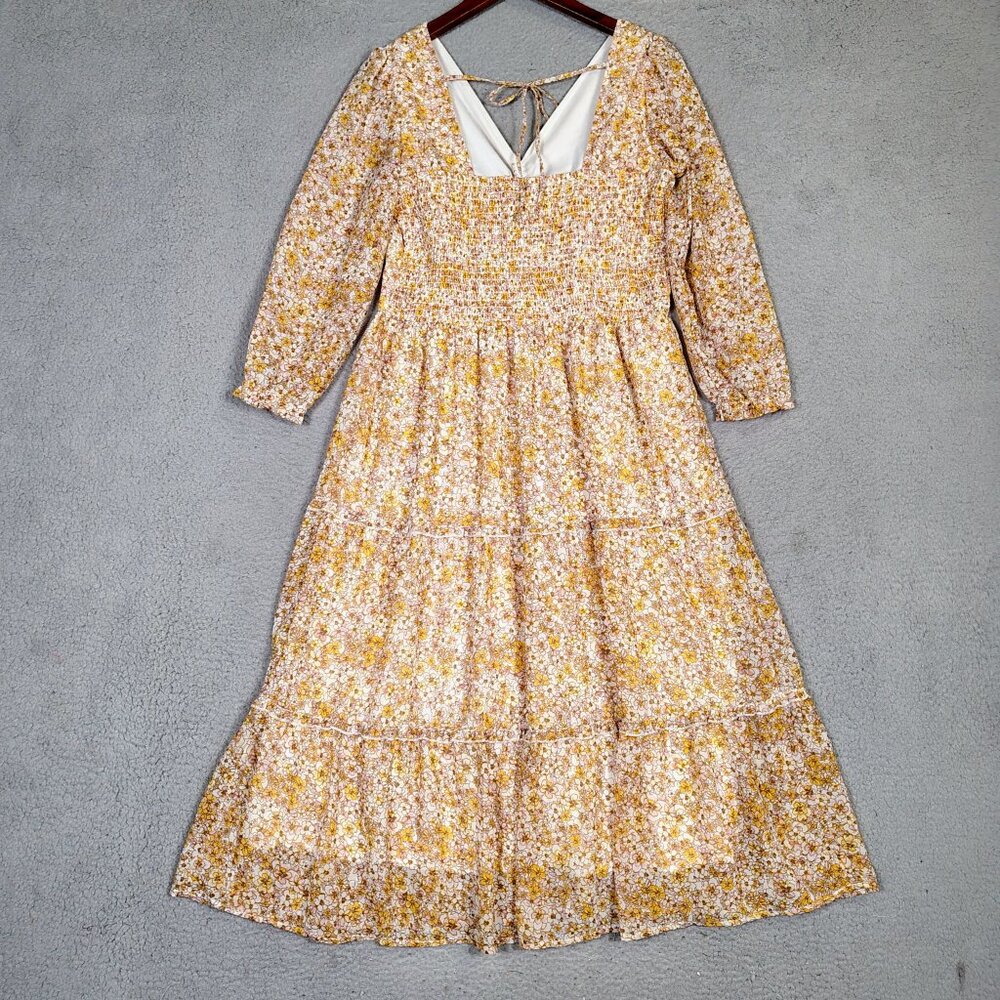 Sincerely Jules Dress Womens XL Yellow Floral Smocked Ruffle Long Sleeve Cottage - Picture 2 of 14